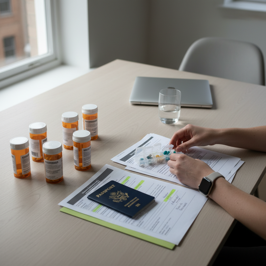 Traveler organizing prescription medication and documents for international flight