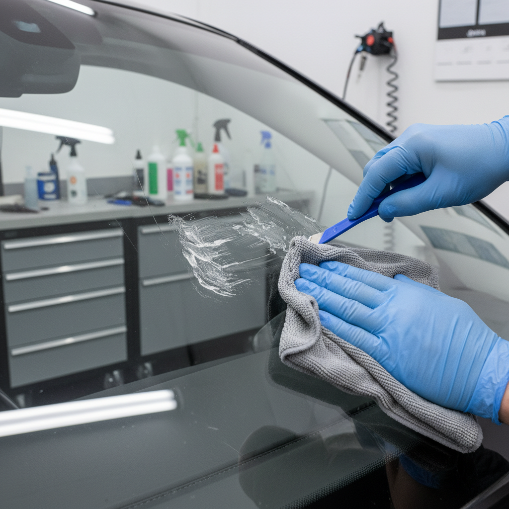 Cleaning window tint adhesive residue with microfiber and scraper