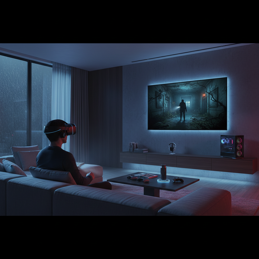 VR player facing a Resident Evil style horror scene in a living room setup