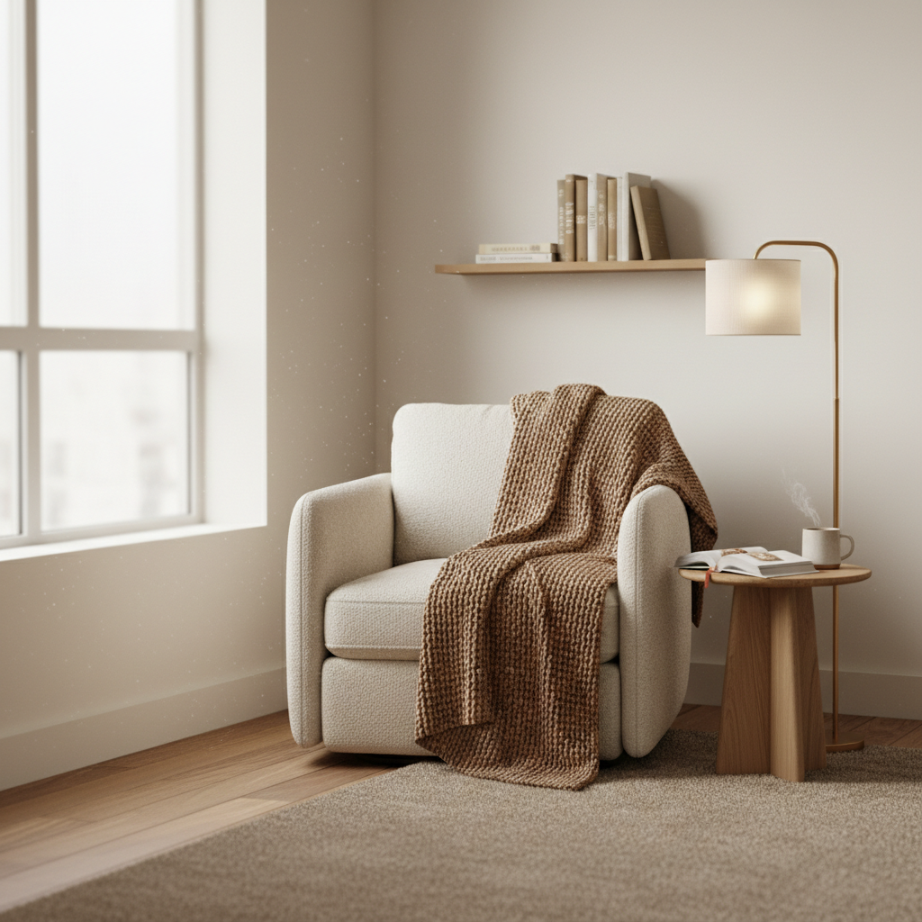 Cozy small reading nook with armchair, floor lamp, and compact shelving
