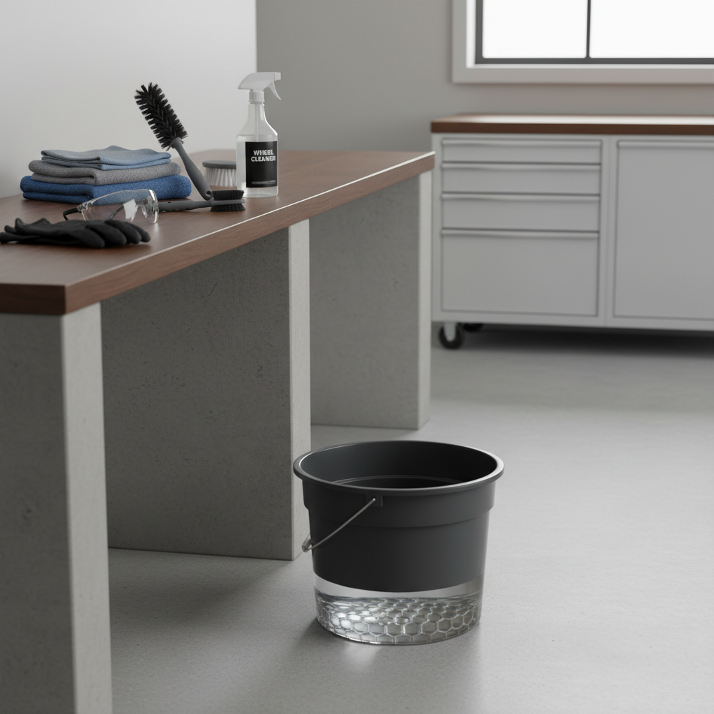 Safe wheel cleaning setup with gloves, microfiber towels, and brushes in a garage