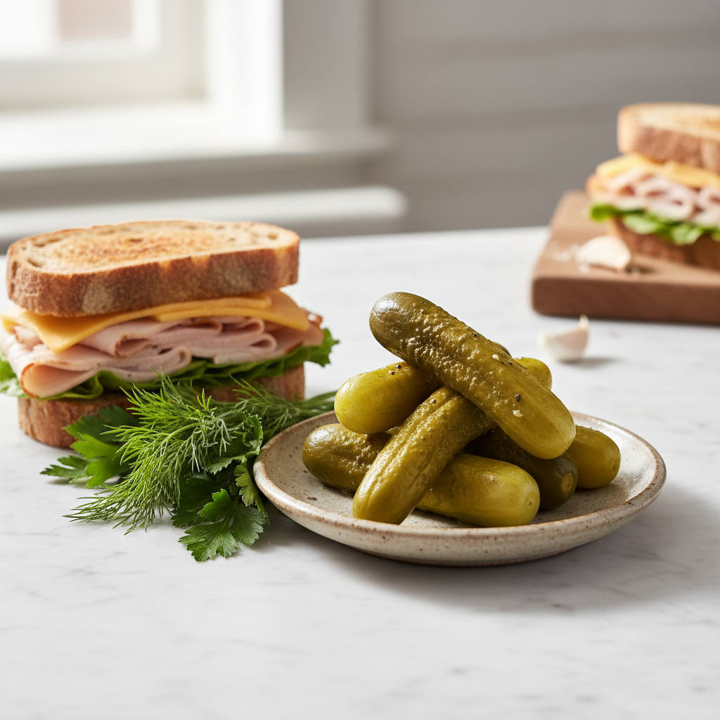 Cucumber pickle spears served on a plate with sandwiches for lunch
