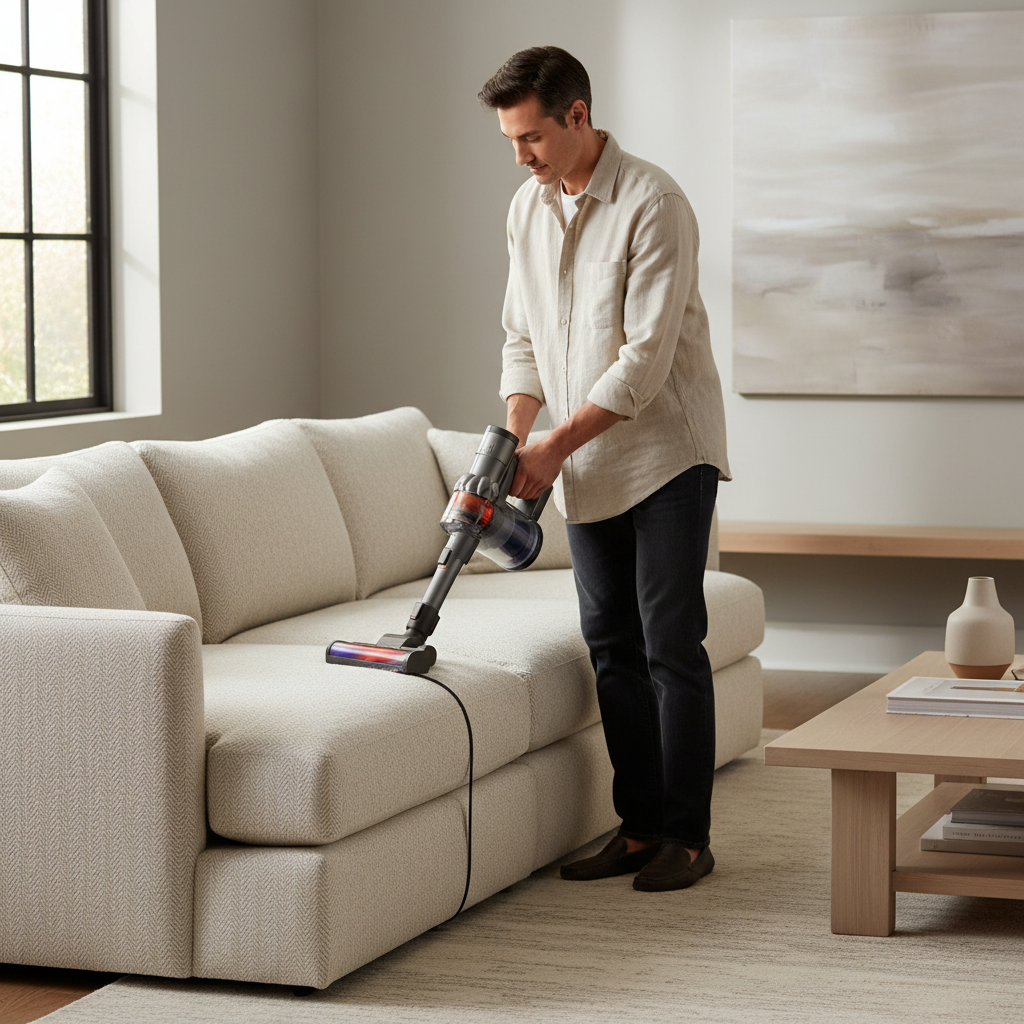 Vacuuming couch cushions with upholstery attachment before deep cleaning