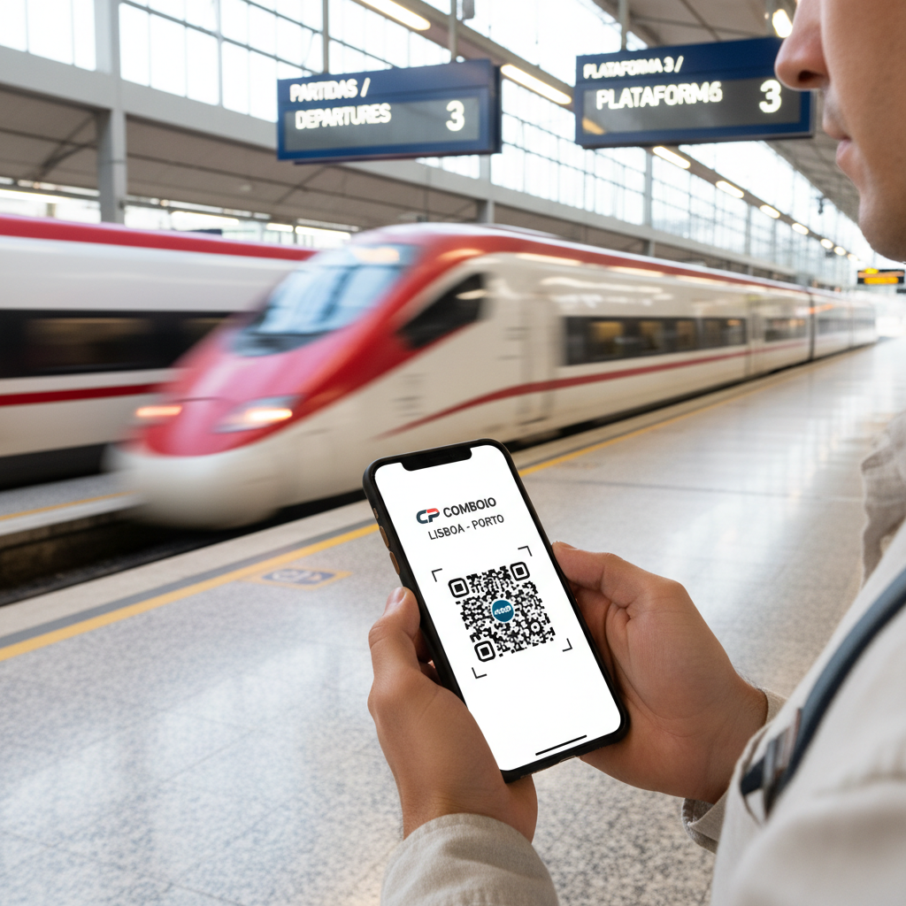 Passenger scanning QR code train ticket at a Portugal station