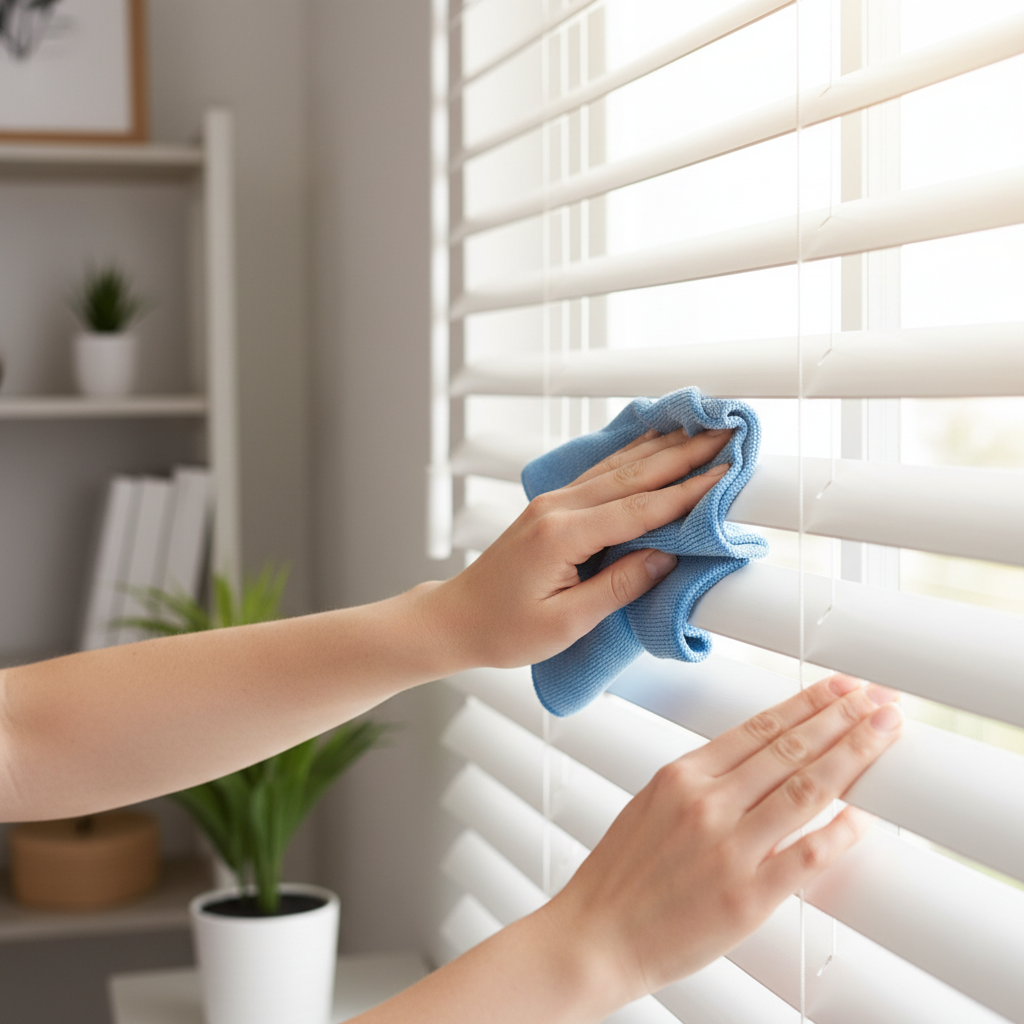 Hands using microfiber cloth to dust horizontal blinds slat by slat