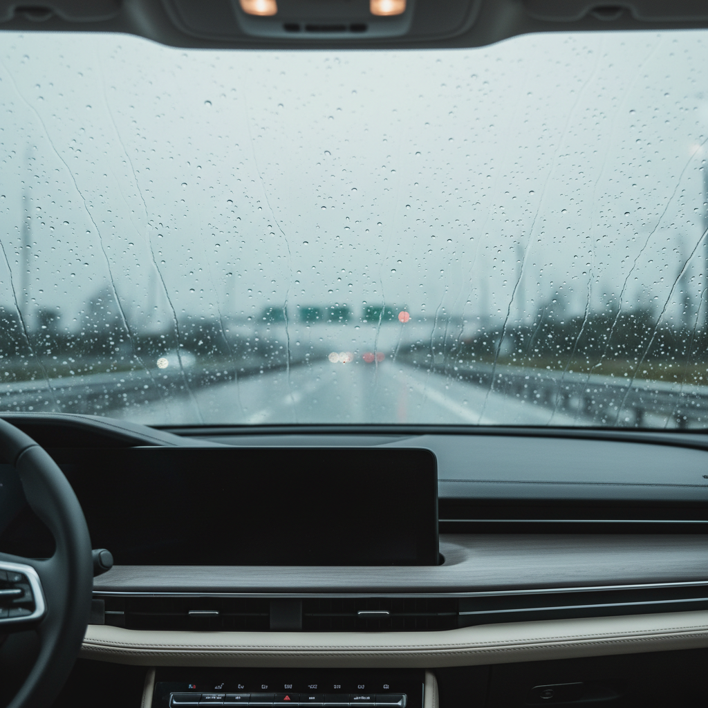 Driver view through a clear windshield during light rain after applying repellent