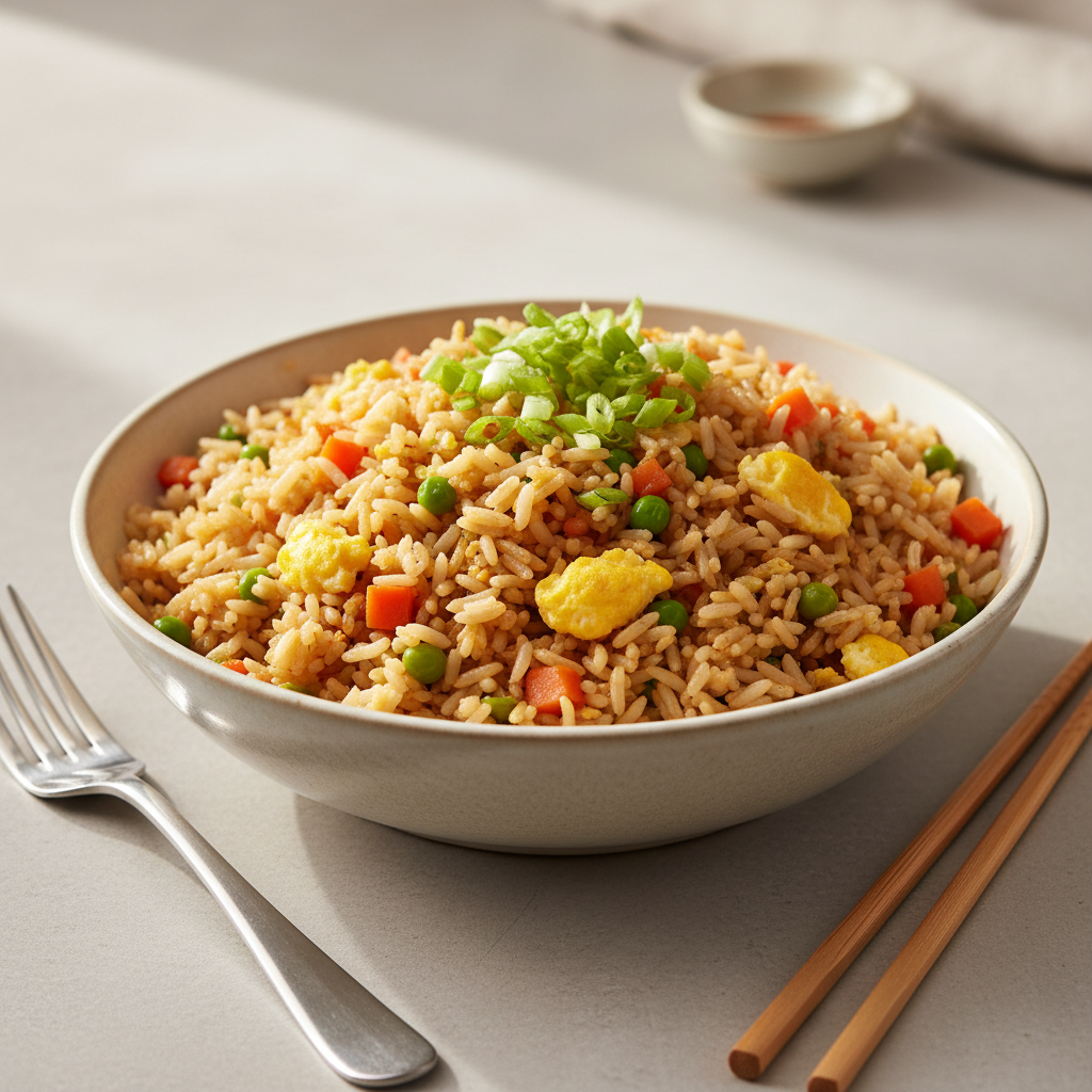 Finished homemade fried rice in a bowl with scallions and egg