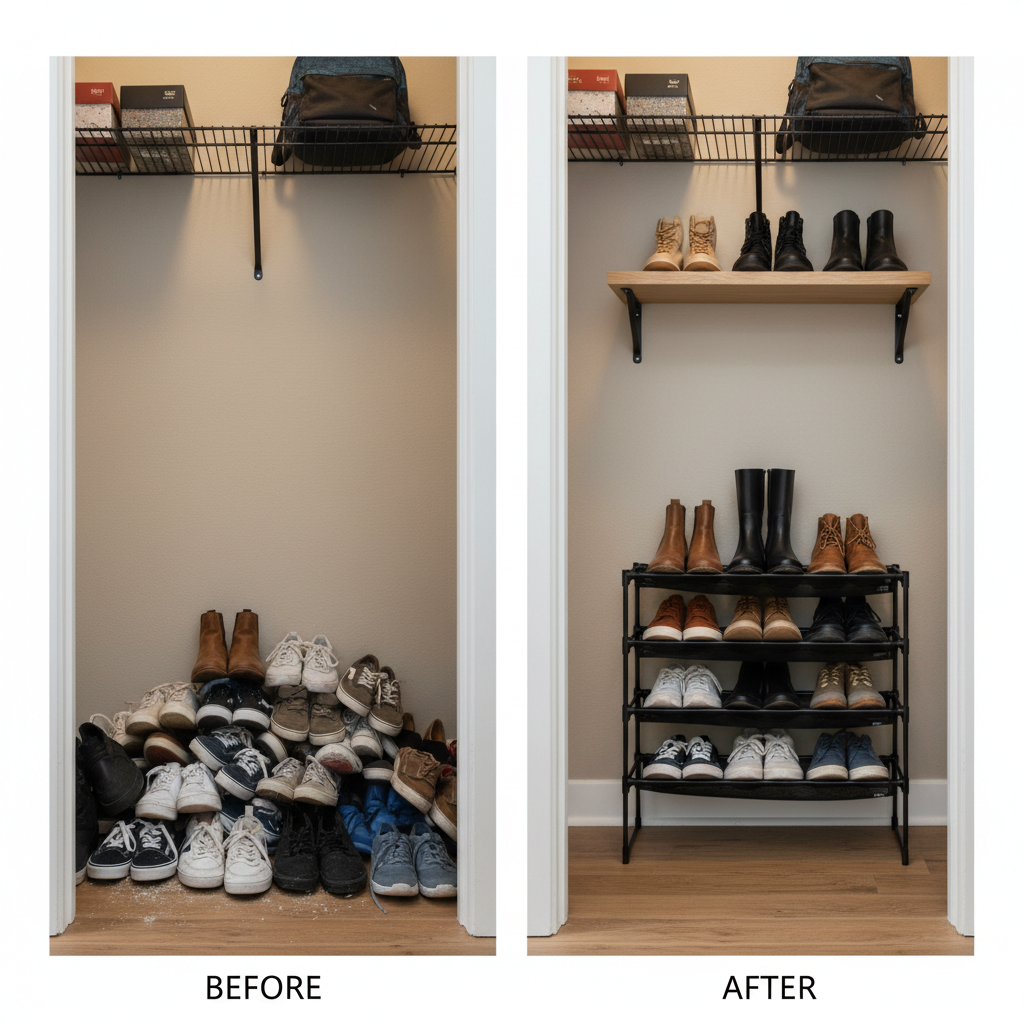 Small closet shoe organization before and after with clear floor space