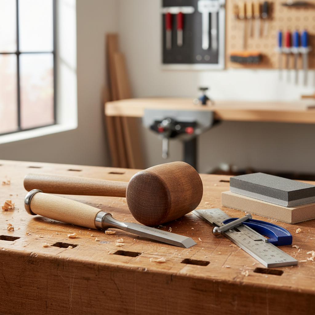 Wood chisel setup on a workbench with mallet and sharpening stones