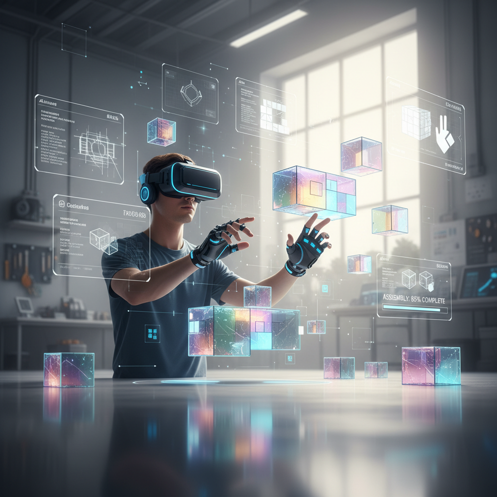 VR building game scene with player assembling modular blocks in a modern virtual workshop