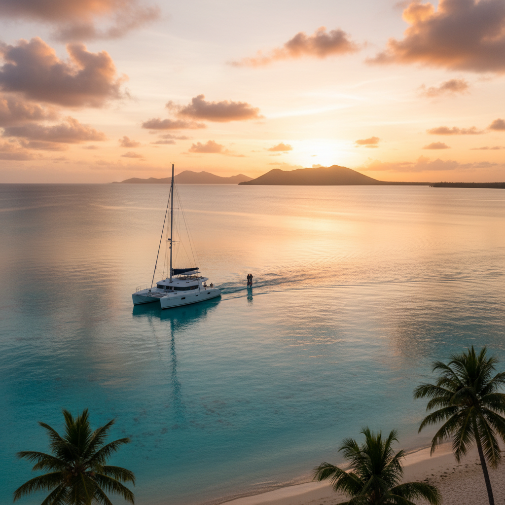 Catamaran cruise on a turquoise lagoon in Mauritius at sunset