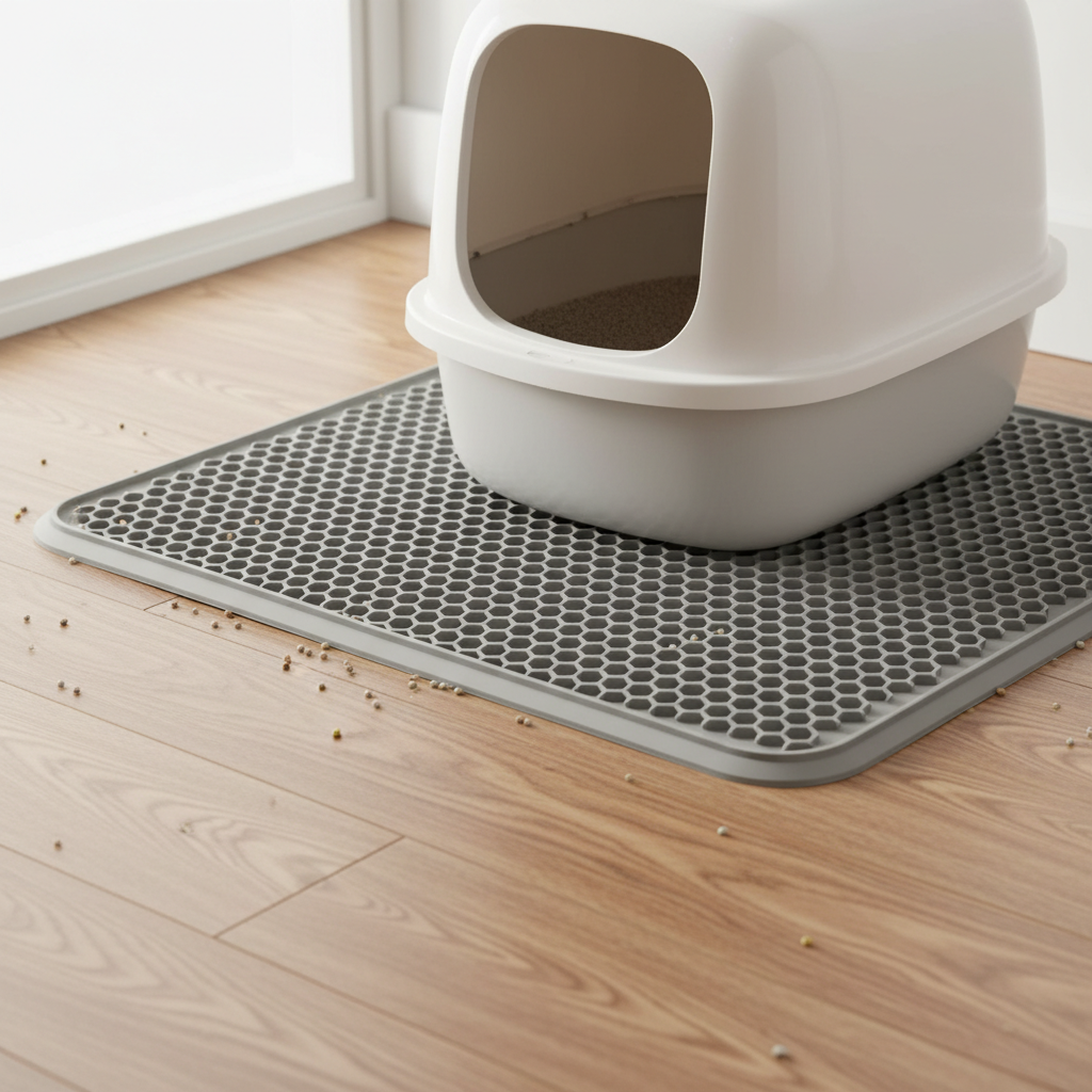 Waterproof cat litter mat under a litter box on a hard floor
