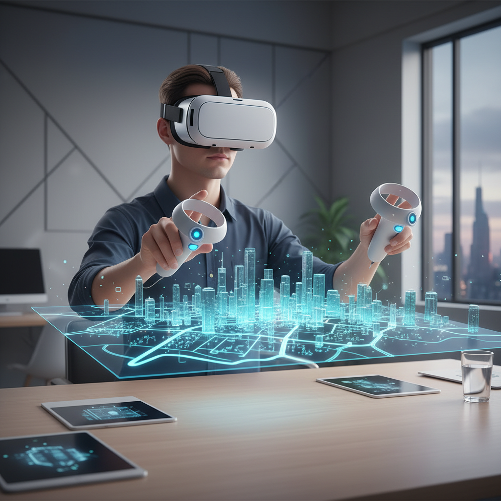 VR city building game overview with floating holographic city map