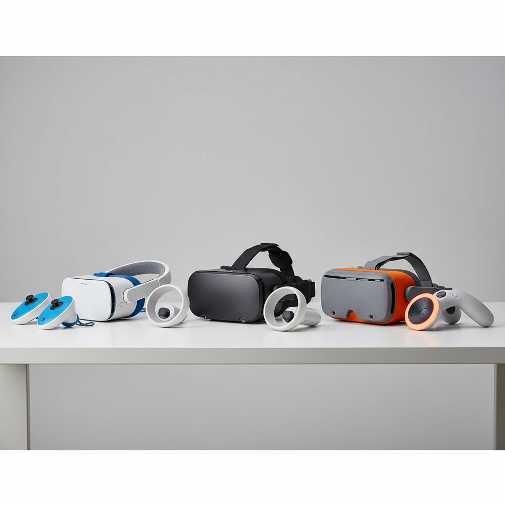 Budget VR headsets and controllers on a desk for a 2026 buying guide