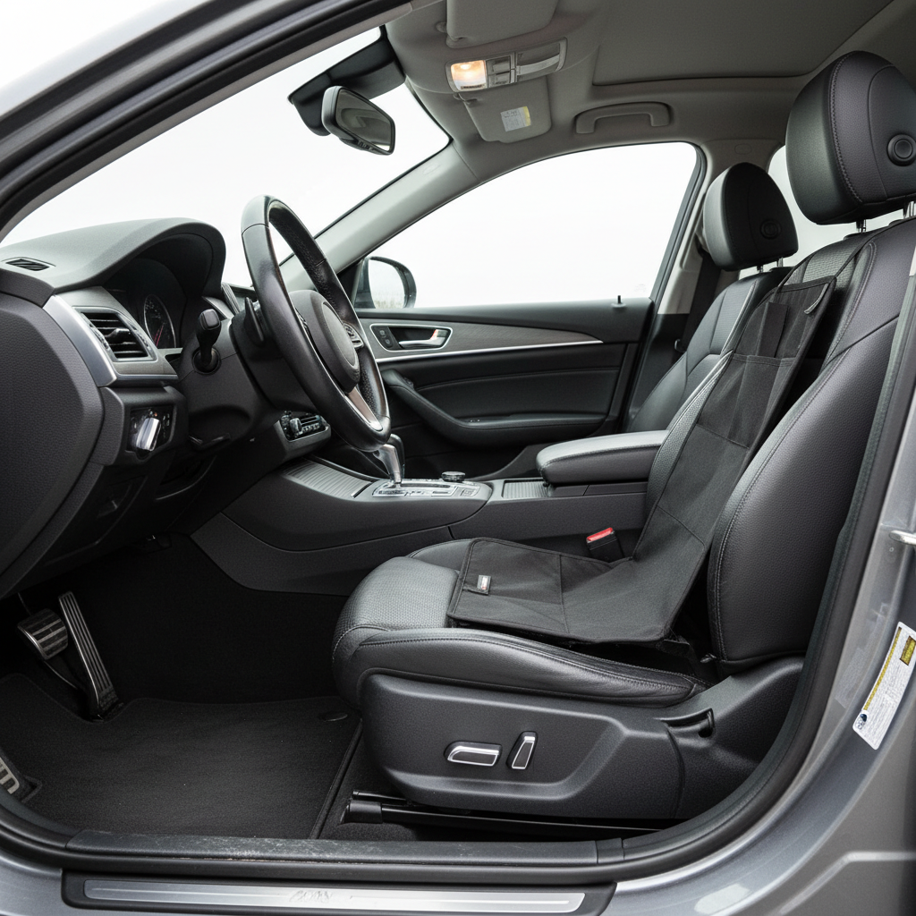 Safe front seat organizer placement keeping pedals and seatbelts clear