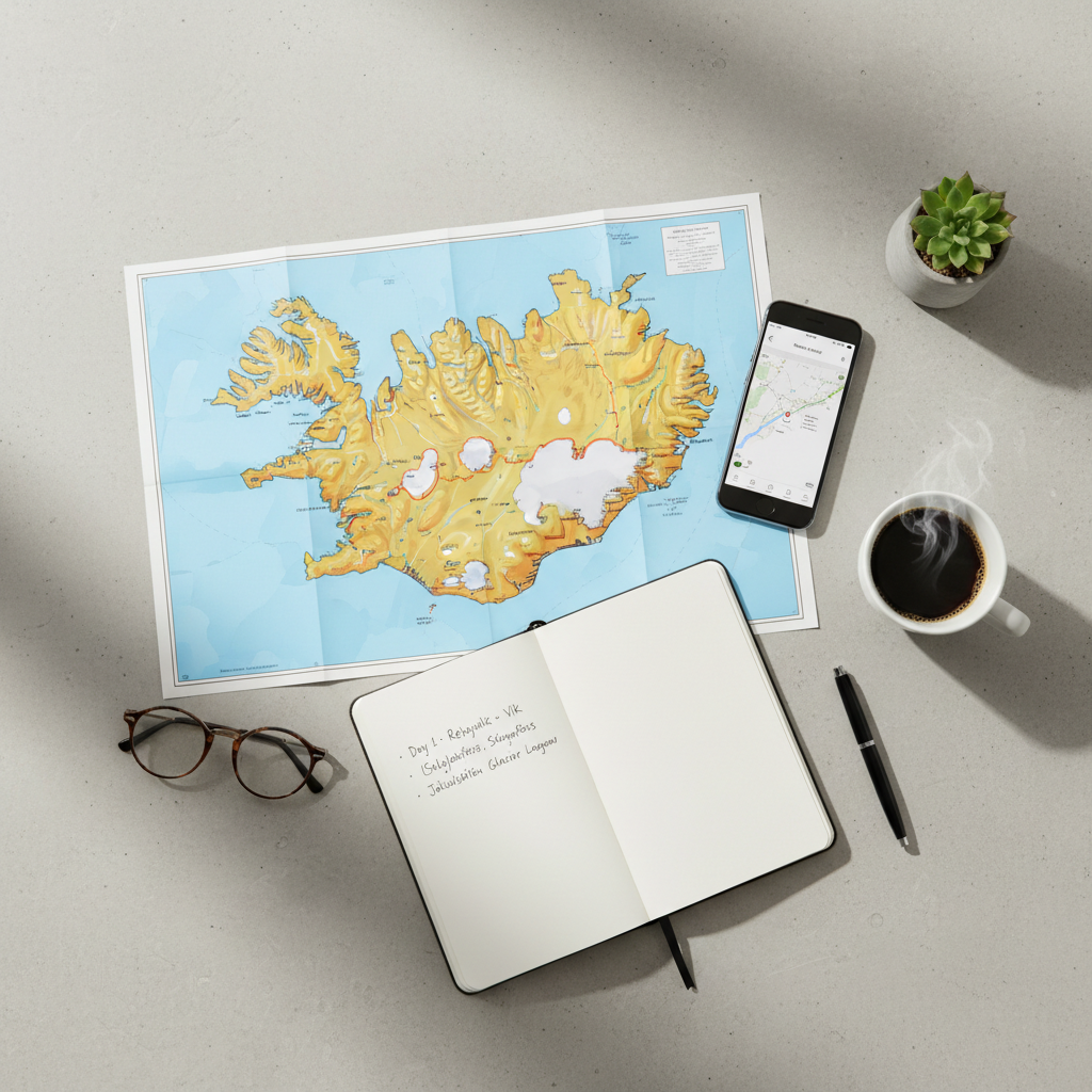 Iceland traveler choosing between South Coast and Ring Road itinerary on a map