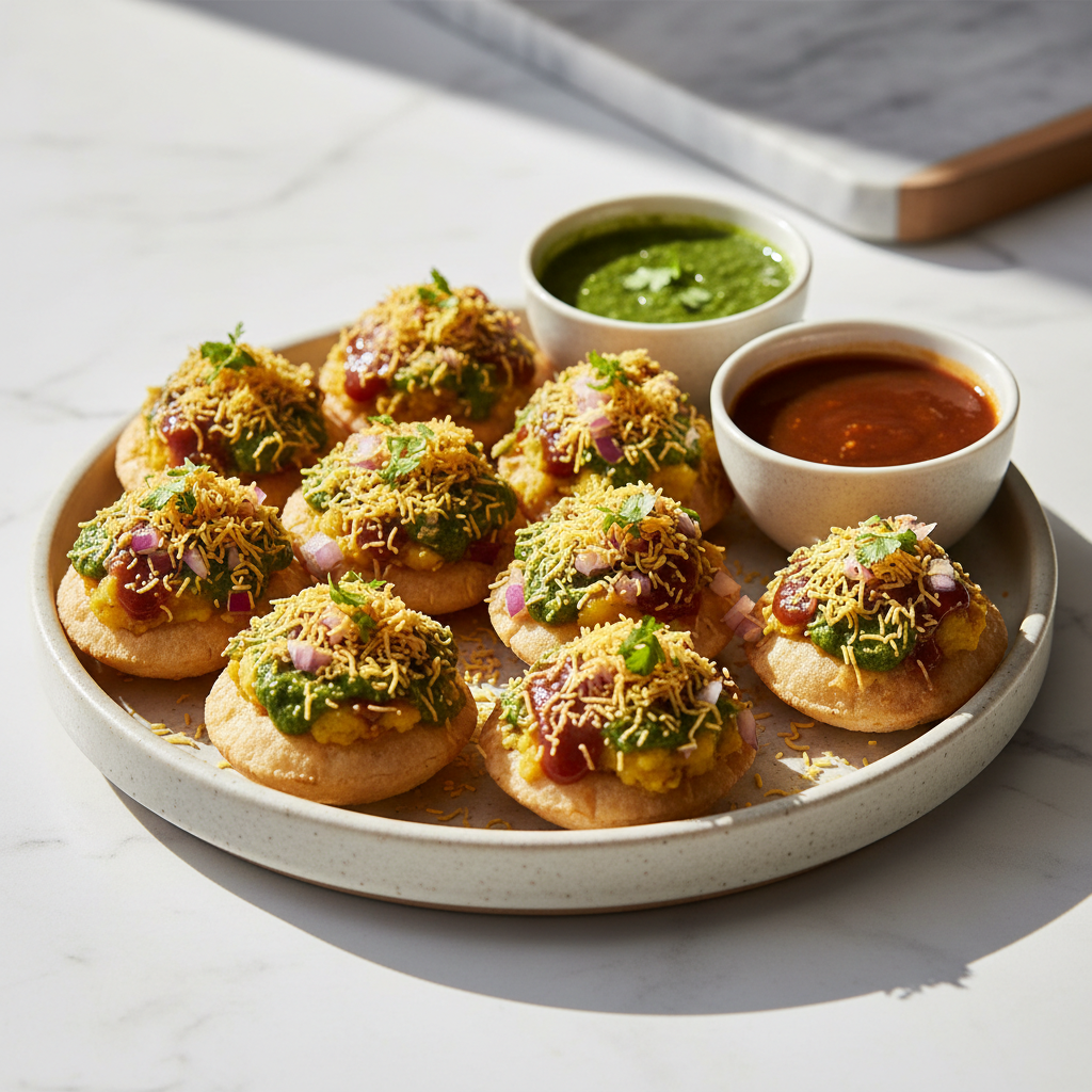 Mumbai-style sev puri with chutneys and crunchy puris