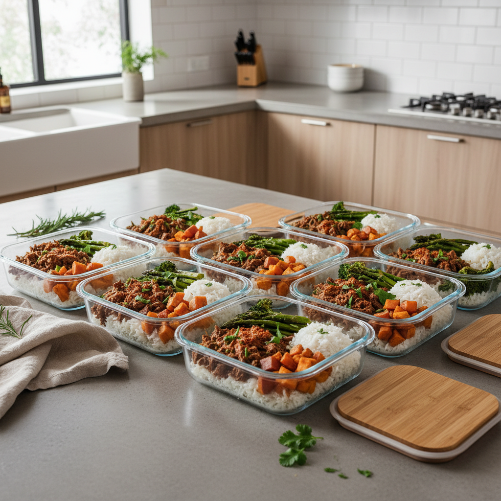 Meal prep containers with slow cooker beef and sides for weeknight dinners