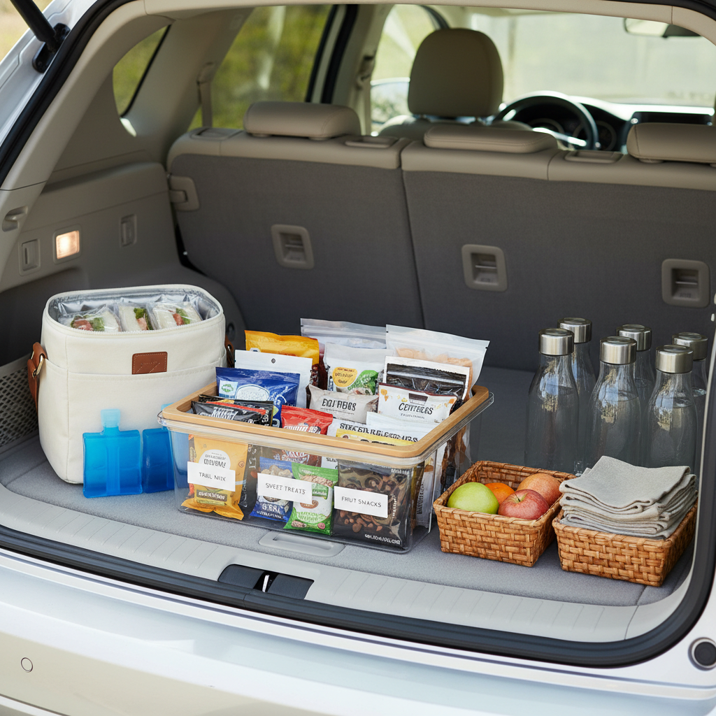 Organized road trip snack box and cooler in a car trunk