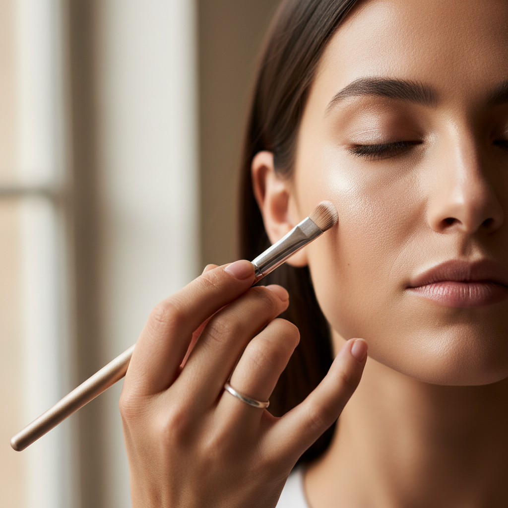 Makeup artist applying highlighter to cheekbone with a tapered brush