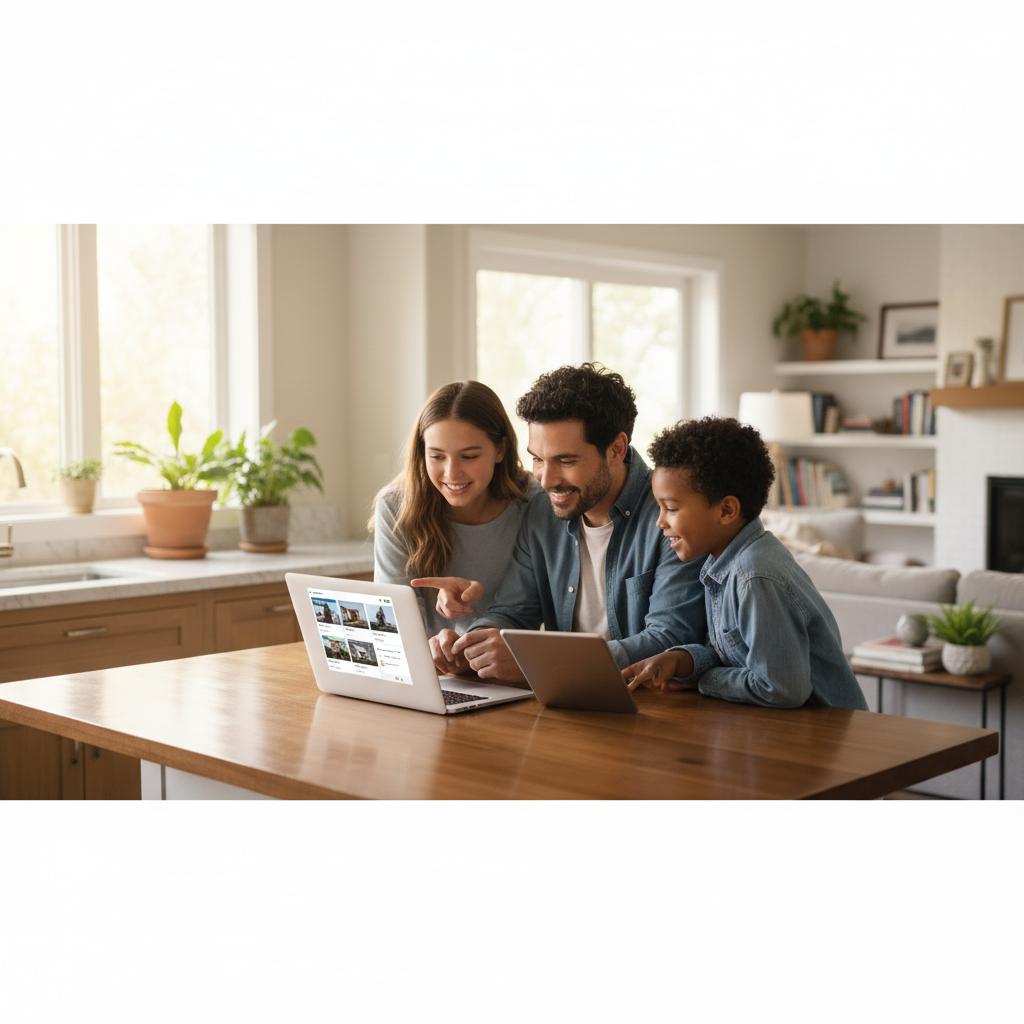 Family comparing vacation rental listings on a laptop for a kid-friendly stay