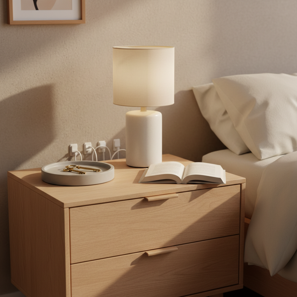Minimal nightstand setup with drawers, tray, and concealed charging cords