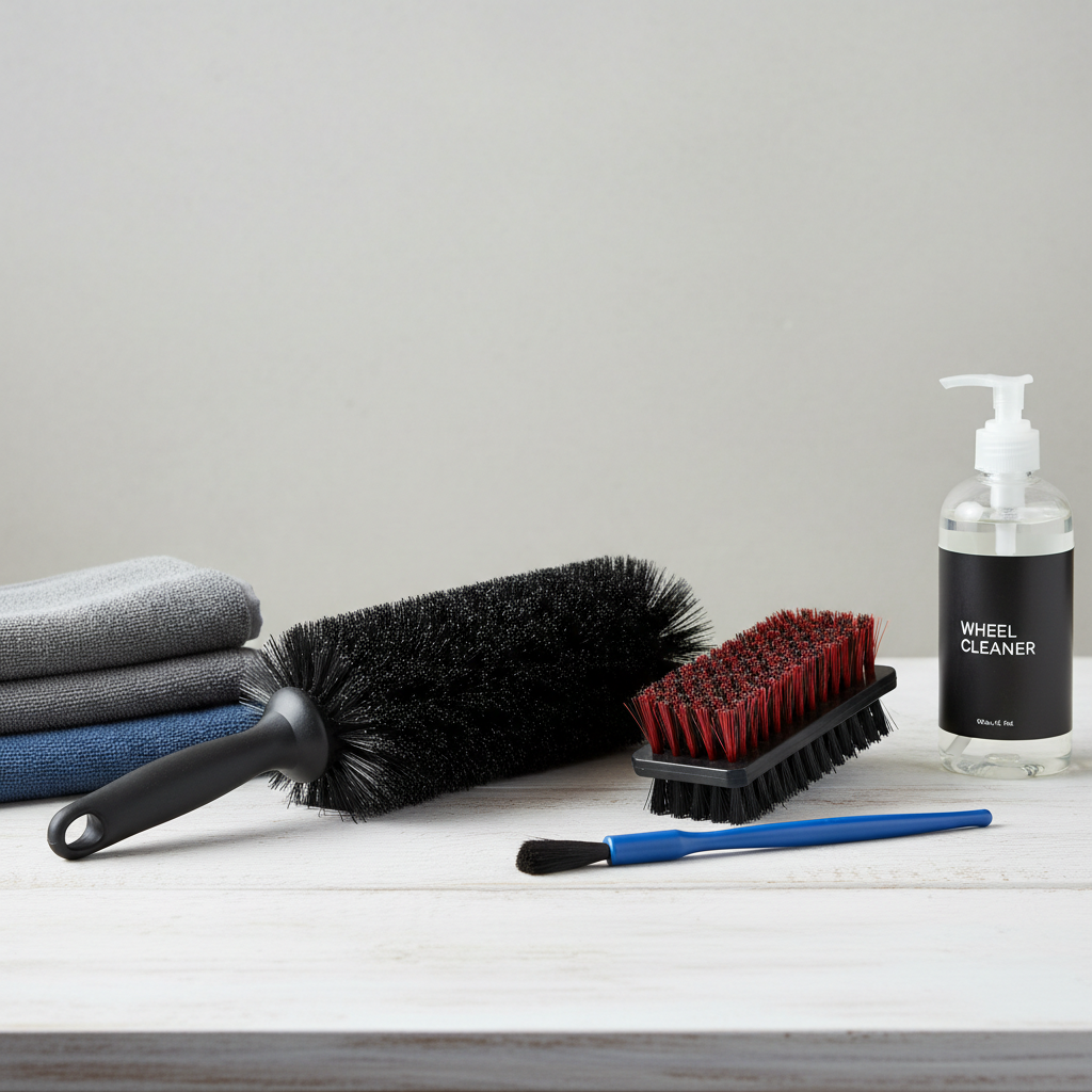 Different types of wheel cleaning brushes laid out for car detailing