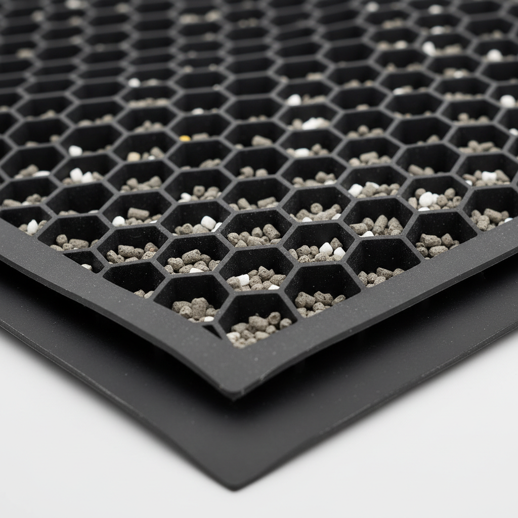 Close-up of EVA honeycomb litter mat showing trapped litter between layers