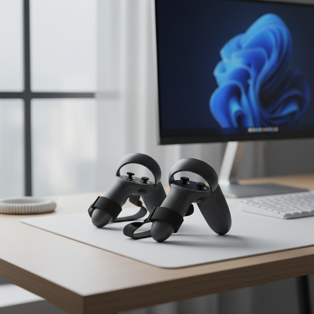 Meta Quest 3 controllers with grip straps on a desk setup