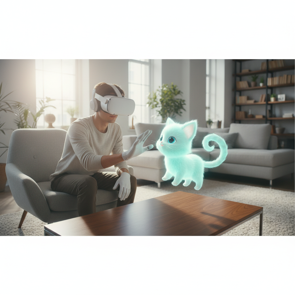 Player interacting with a virtual pet in a cozy living room VR setup