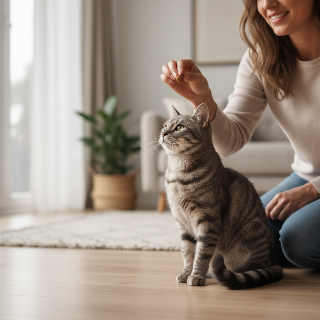 Cat sitting calmly while owner holds a treat for training