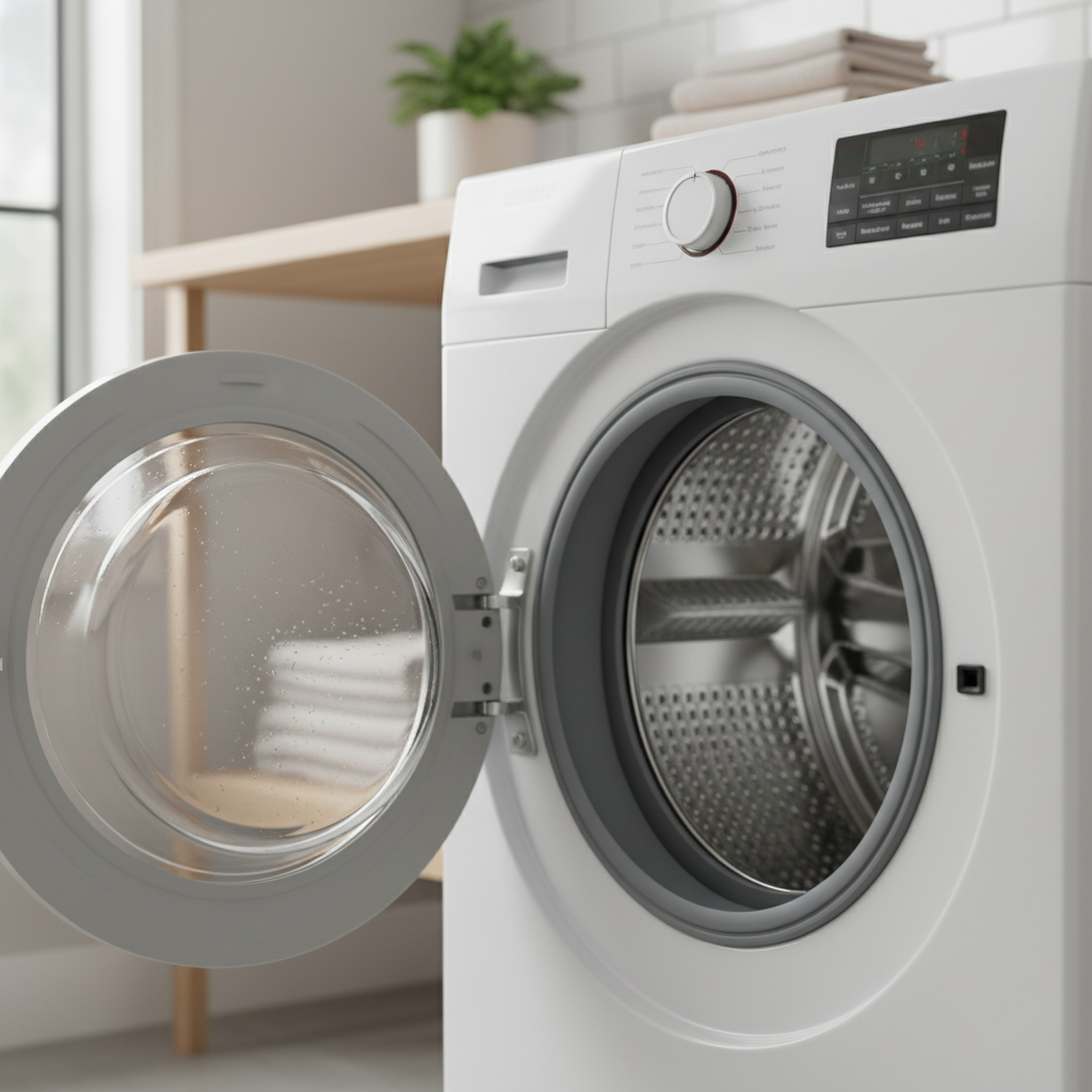 Musty smell in washing machine interior and rubber gasket close-up