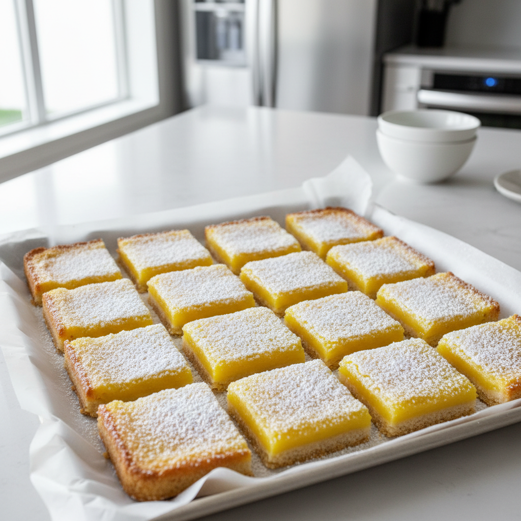 Easy tart lemon bars with powdered sugar and clean slices on a baking tray