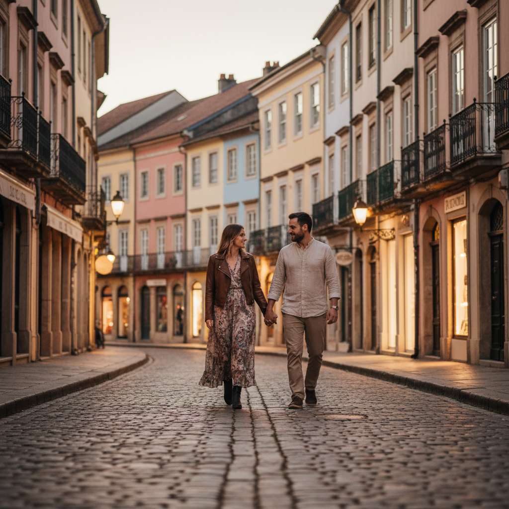 Couple walking through a charming European old town street