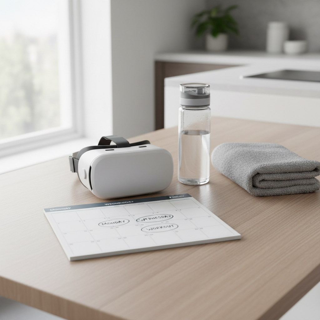 VR workout routine planning with calendar and headset