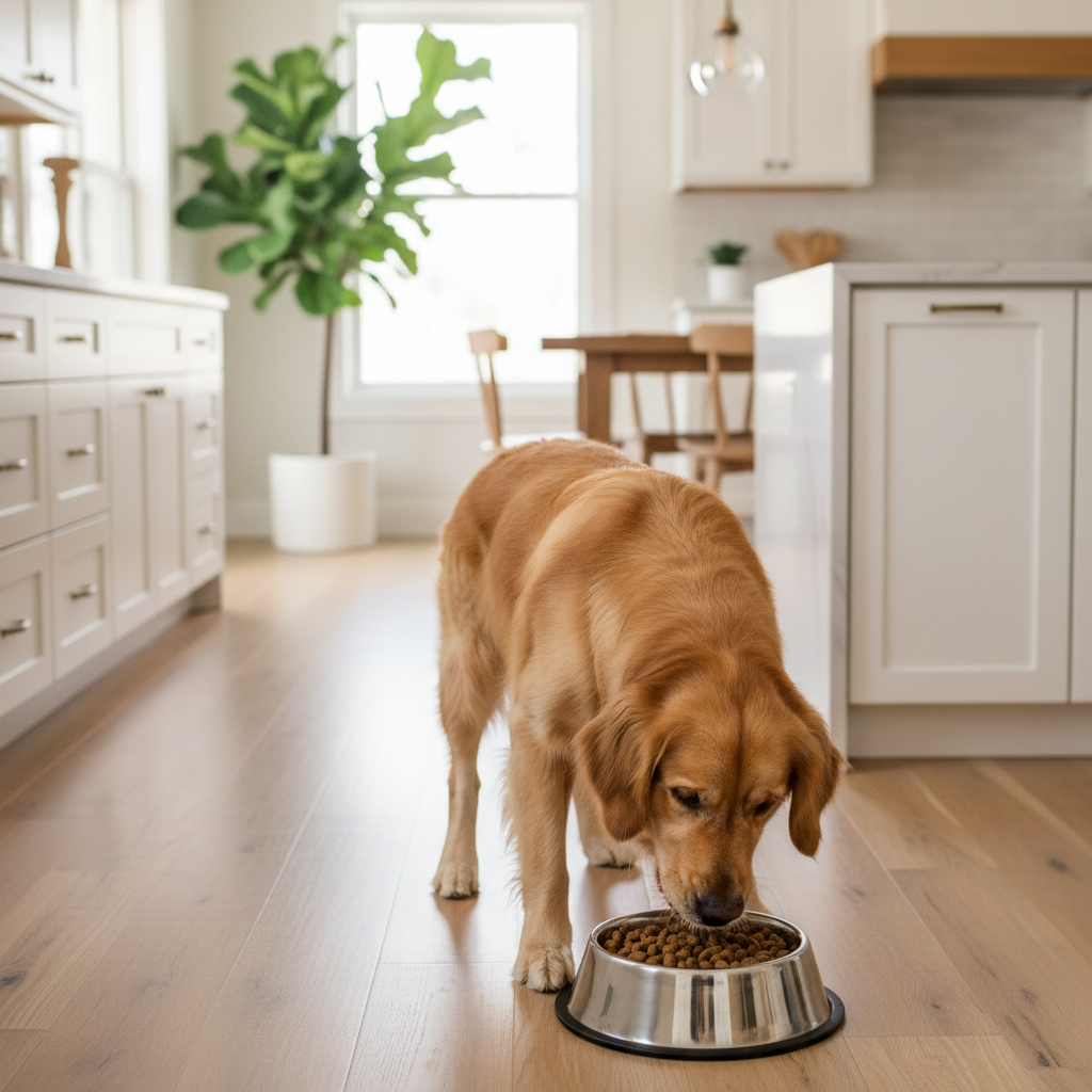 Golden Retriever eating kibble from a bowl at home