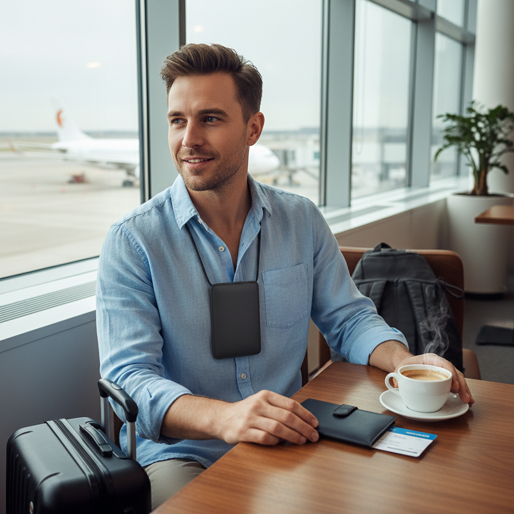 RFID blocking travel neck wallet worn under a shirt while navigating an airport