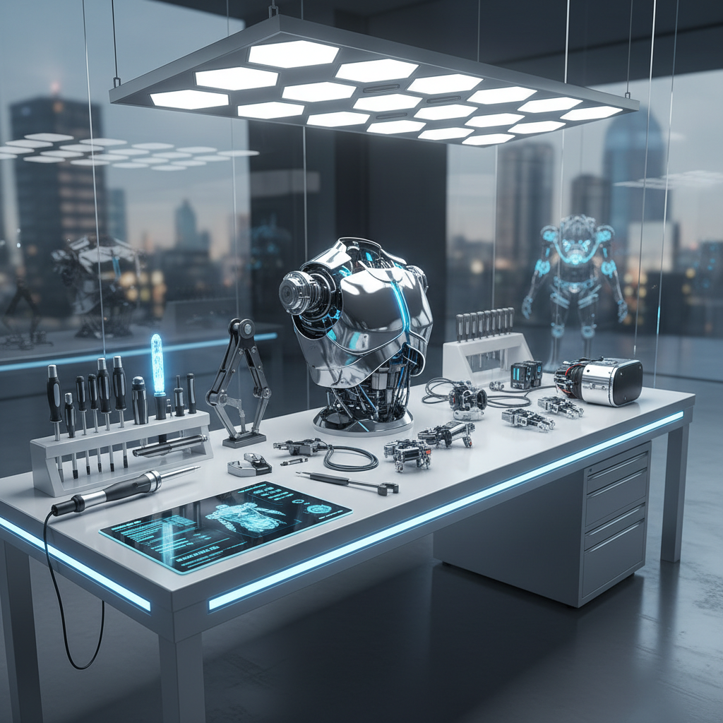 Robot repair simulation workbench in VR with tools and parts