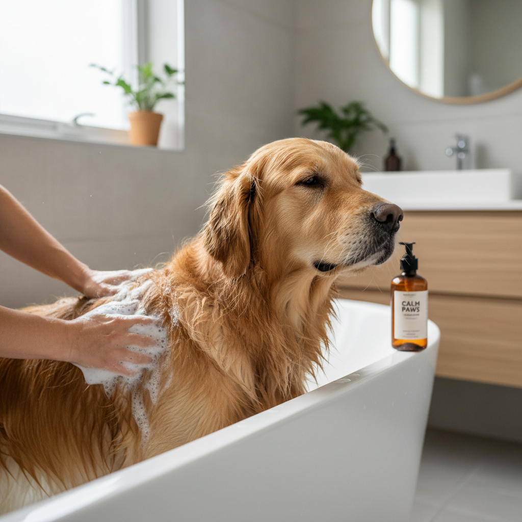 Dog with itchy skin being gently bathed with soothing shampoo