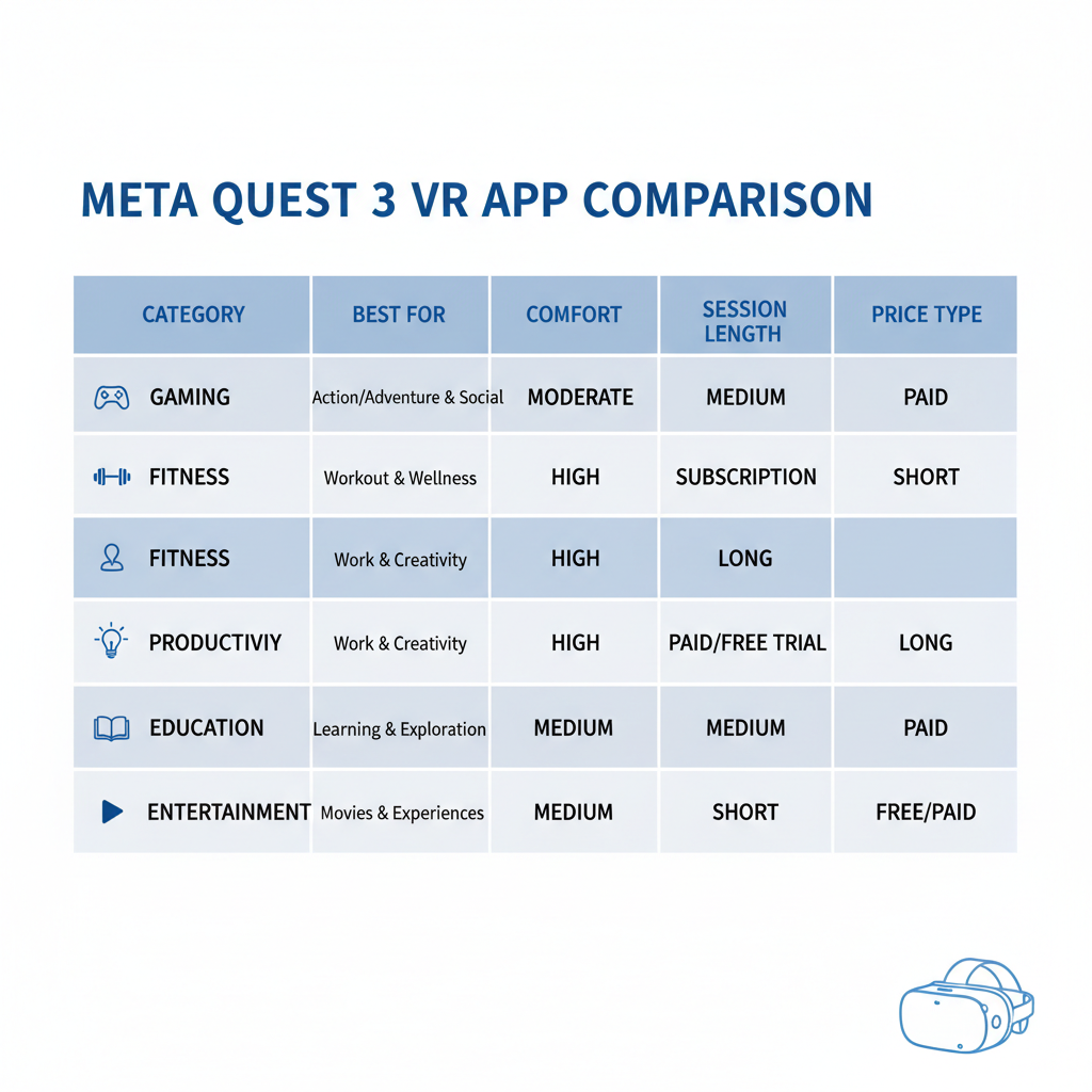 Comparison table concept for Meta Quest 3 apps by category and comfort rating