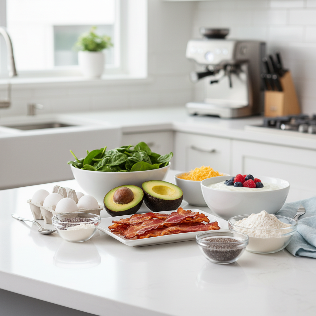 Easy keto breakfast ingredients on a kitchen counter