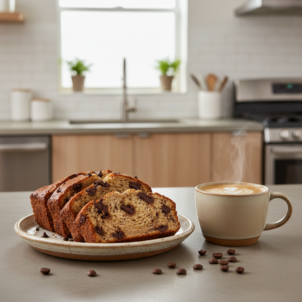 Sliced moist banana bread with chocolate chips on a plate in a modern kitchen