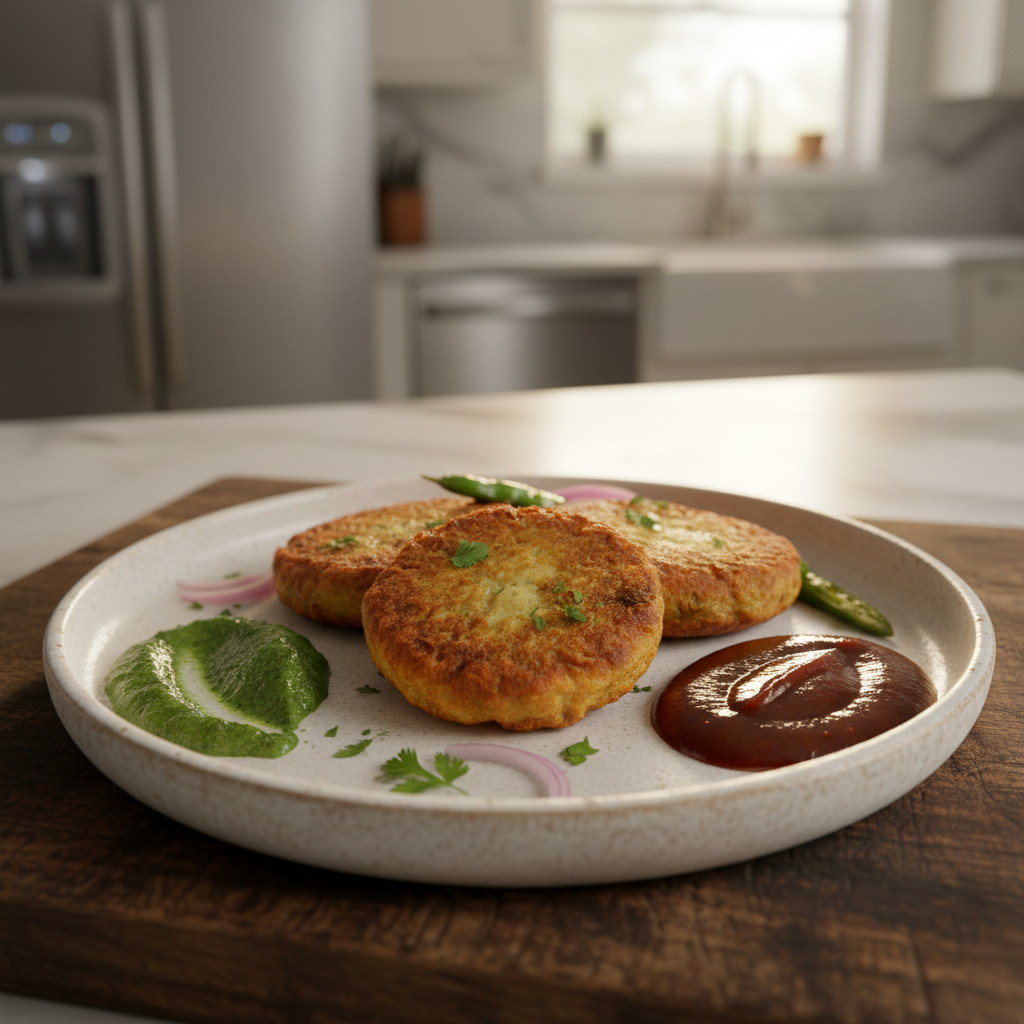 Crispy aloo tikki patties on a plate with chutneys