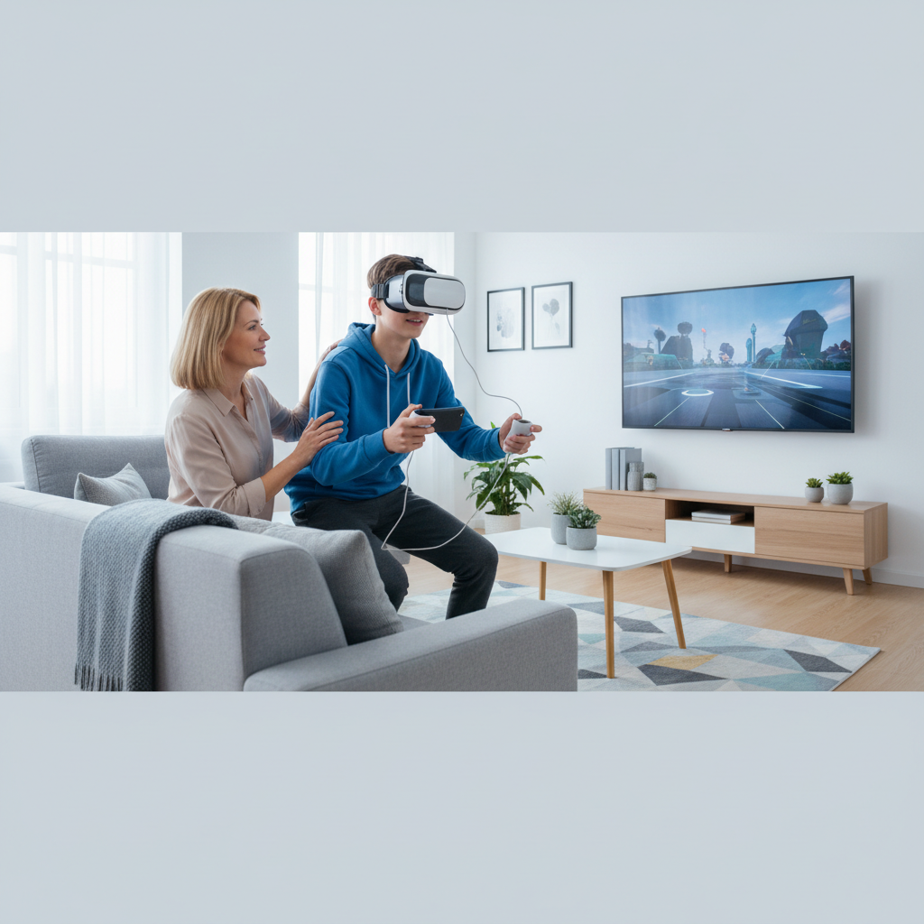 Family-friendly phone VR use with short supervised session in a bright living room
