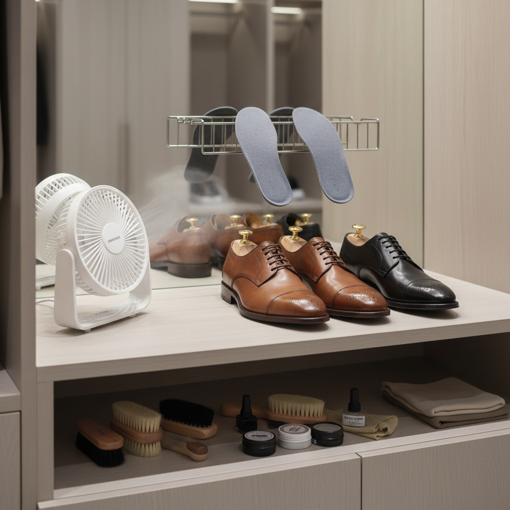 Shoe rotation and drying station with fan and removable insoles