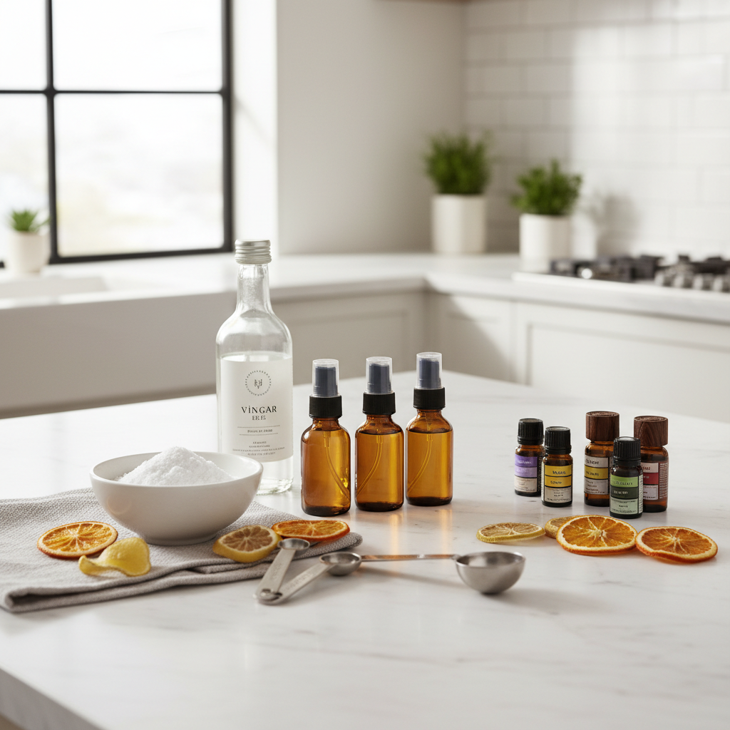 DIY homemade air freshener ingredients on a kitchen counter