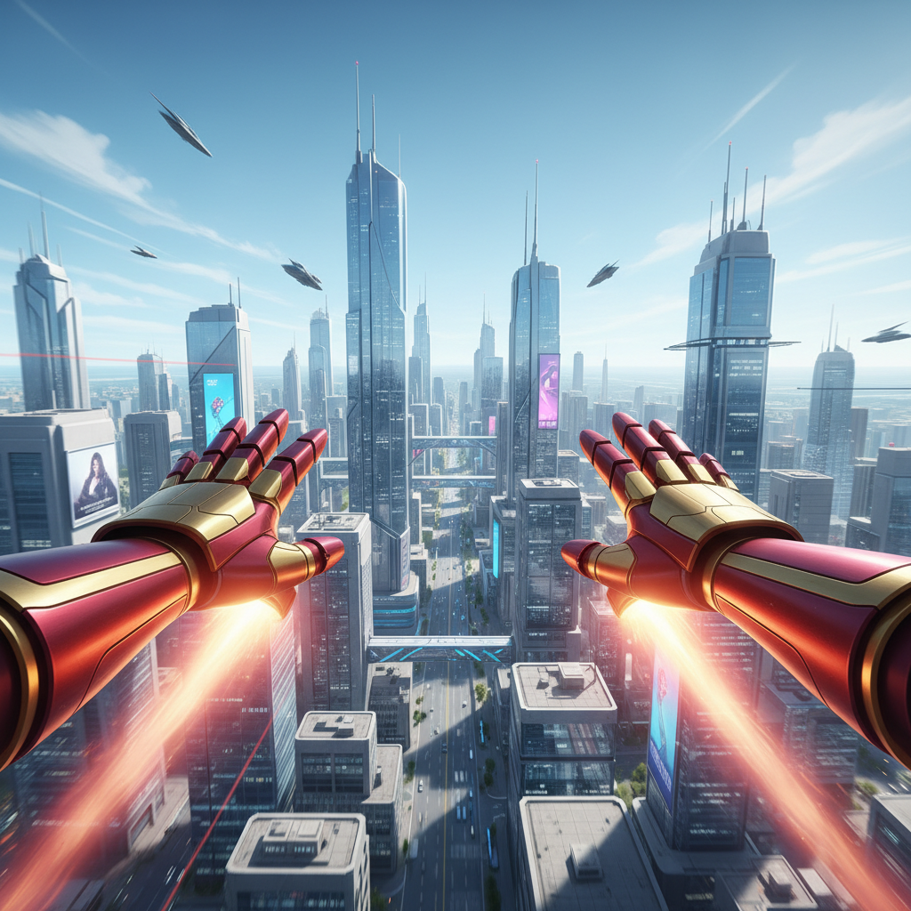 Iron Man style VR flight with palm thrusters in a futuristic city