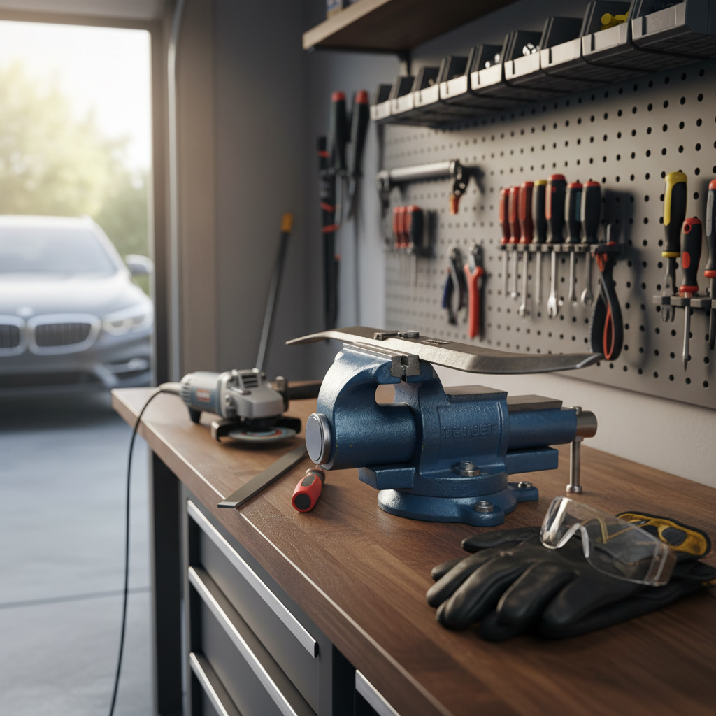 Home garage setup for sharpening a lawn mower blade safely