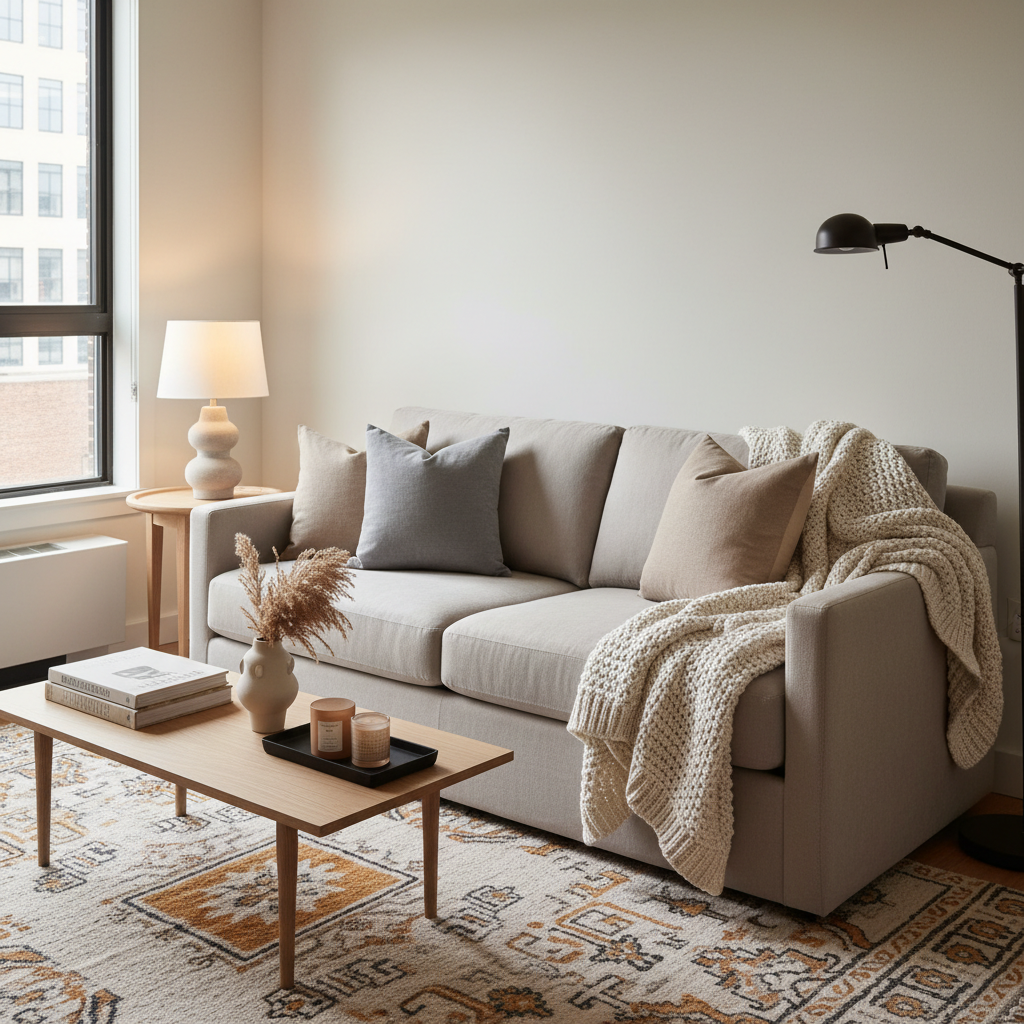 Cozy small living room with layered lighting and warm textiles