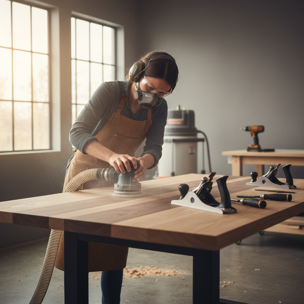 Woodworker using a random orbital sander on a hardwood tabletop with dust collection